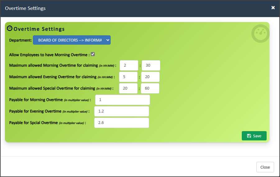 Department Wise Overtime Settings
